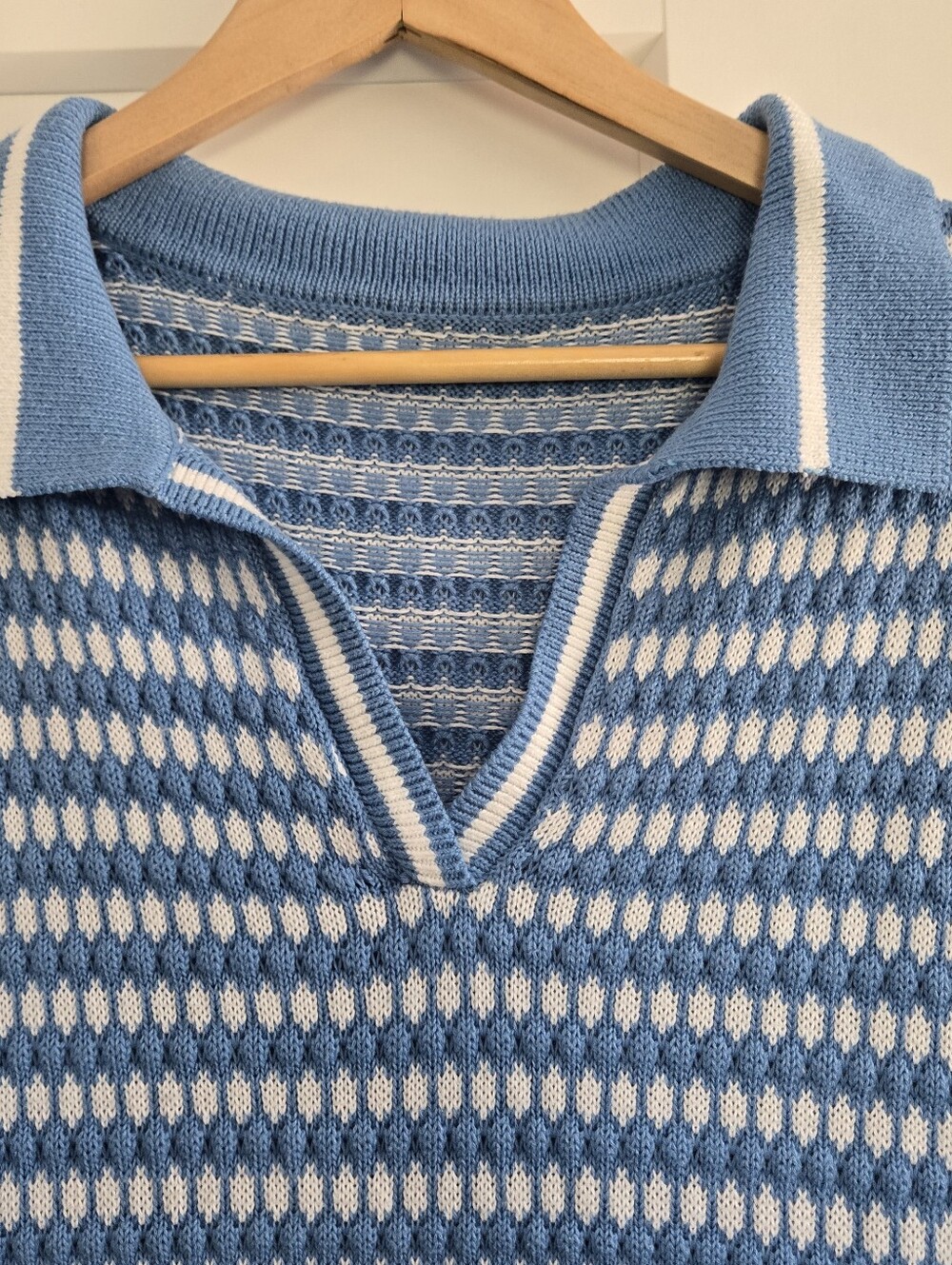 Blue And White Johnny Collar Short Sleeve Top No Label, See Pics For Meaurements - Picture 3 of 7